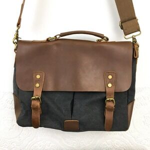 Retro leather & gray fabric laptop carry on travel work messenger bag